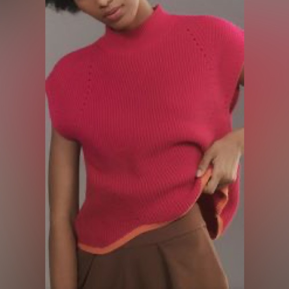Anthropologie Red Knit Sleeveless Sweater with Orange Trim